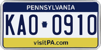 PA license plate KAO0910