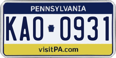 PA license plate KAO0931