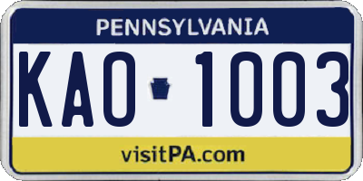 PA license plate KAO1003