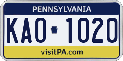 PA license plate KAO1020