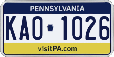 PA license plate KAO1026