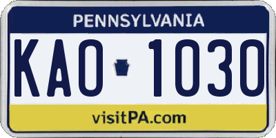 PA license plate KAO1030