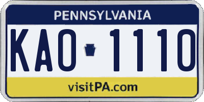 PA license plate KAO1110