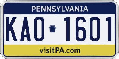 PA license plate KAO1601