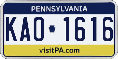 PA license plate KAO1616