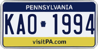 PA license plate KAO1994