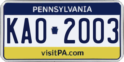PA license plate KAO2003