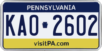 PA license plate KAO2602