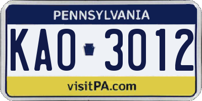 PA license plate KAO3012