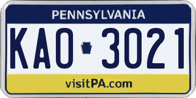 PA license plate KAO3021