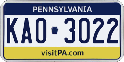 PA license plate KAO3022