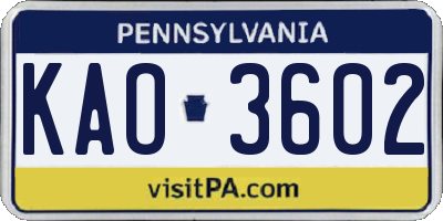PA license plate KAO3602