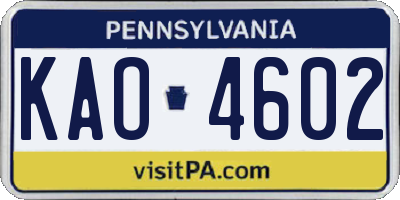 PA license plate KAO4602