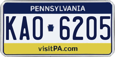 PA license plate KAO6205