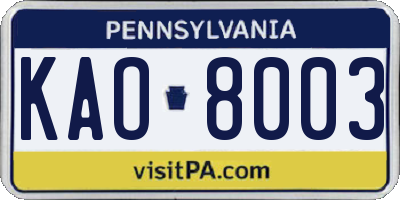 PA license plate KAO8003