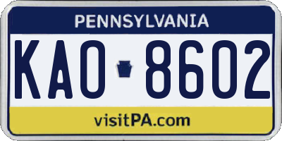 PA license plate KAO8602