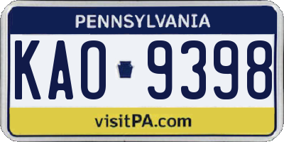 PA license plate KAO9398