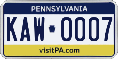 PA license plate KAW0007