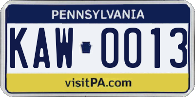 PA license plate KAW0013