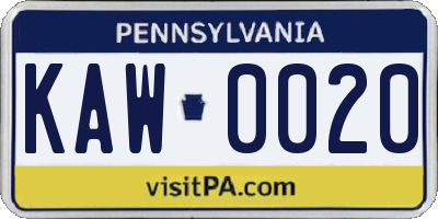 PA license plate KAW0020