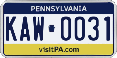 PA license plate KAW0031