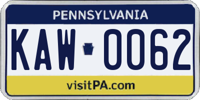 PA license plate KAW0062