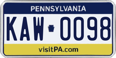 PA license plate KAW0098
