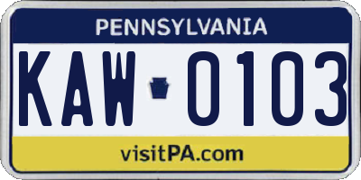 PA license plate KAW0103