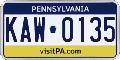 PA license plate KAW0135