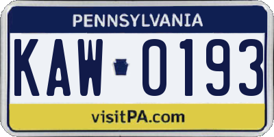 PA license plate KAW0193