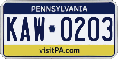 PA license plate KAW0203