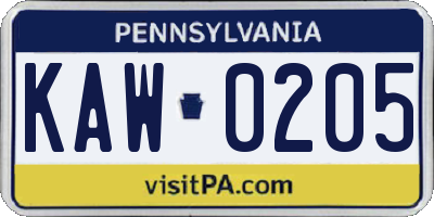 PA license plate KAW0205