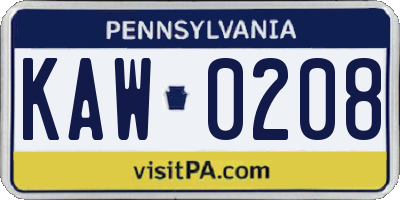 PA license plate KAW0208