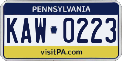 PA license plate KAW0223