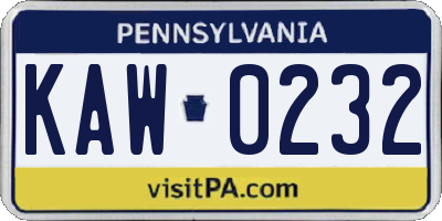 PA license plate KAW0232