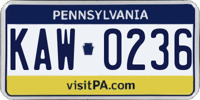 PA license plate KAW0236