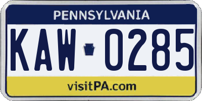 PA license plate KAW0285