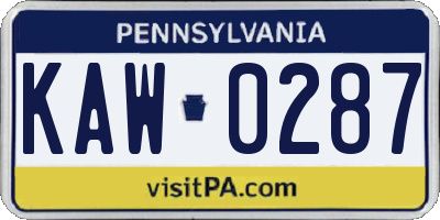PA license plate KAW0287