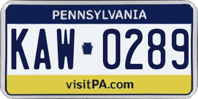 PA license plate KAW0289