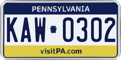 PA license plate KAW0302