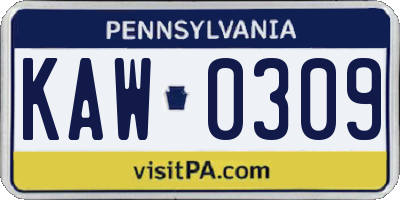 PA license plate KAW0309