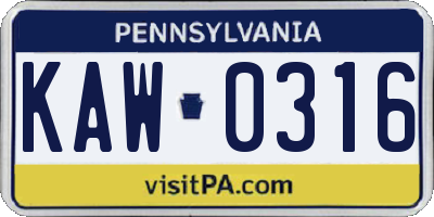 PA license plate KAW0316