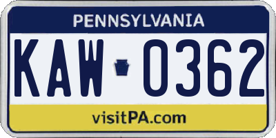 PA license plate KAW0362