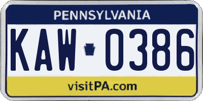 PA license plate KAW0386
