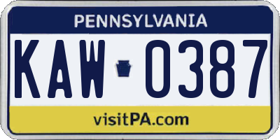 PA license plate KAW0387