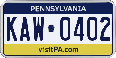 PA license plate KAW0402