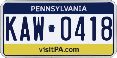 PA license plate KAW0418