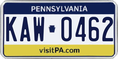 PA license plate KAW0462