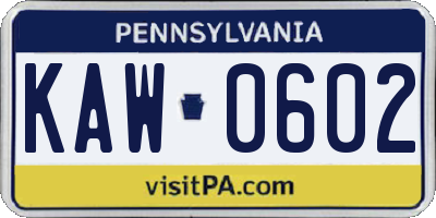 PA license plate KAW0602