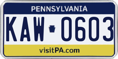PA license plate KAW0603